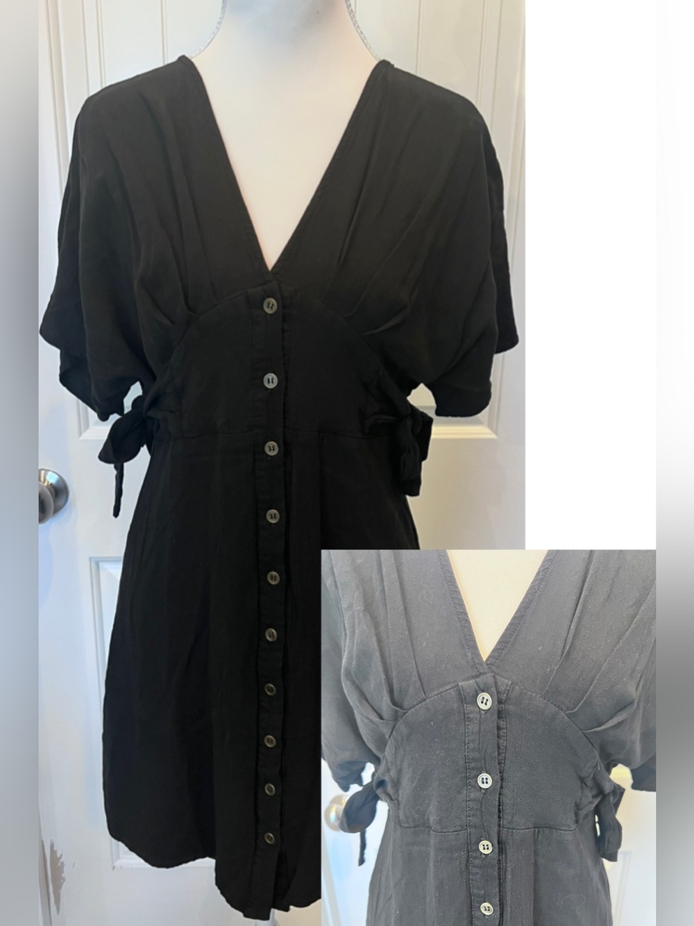 Empire Cinch In Flattering Waist Side Ties Linen Blend Button up Dress Small